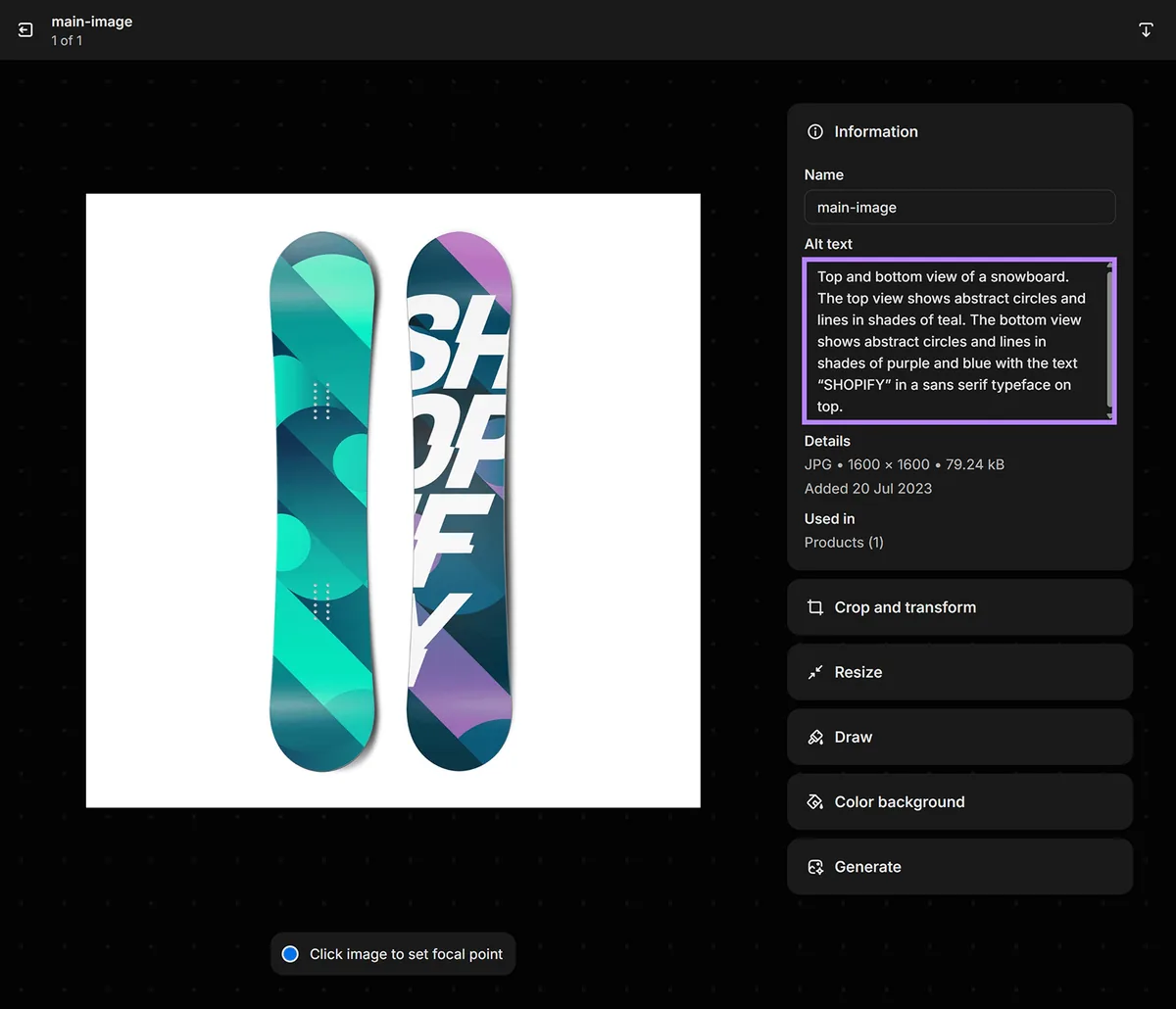 Shopify 产品图片编辑器,显示两个滑雪板视图,高亮 alt 文本编辑框。