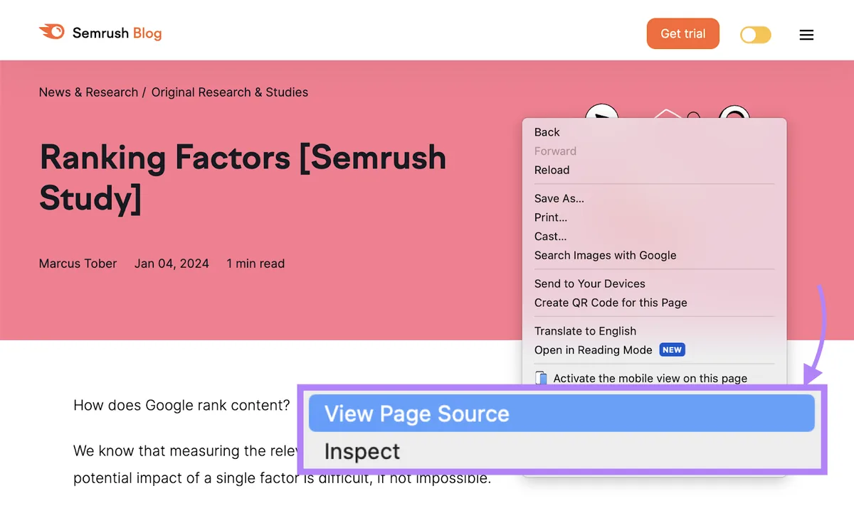 Semrush 博客页面上的“查看页面源代码”按钮