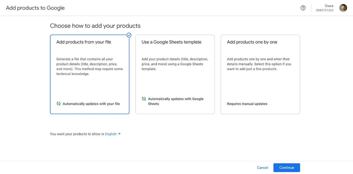 在“向 Google 添加产品”下选择了“从文件添加产品”选项