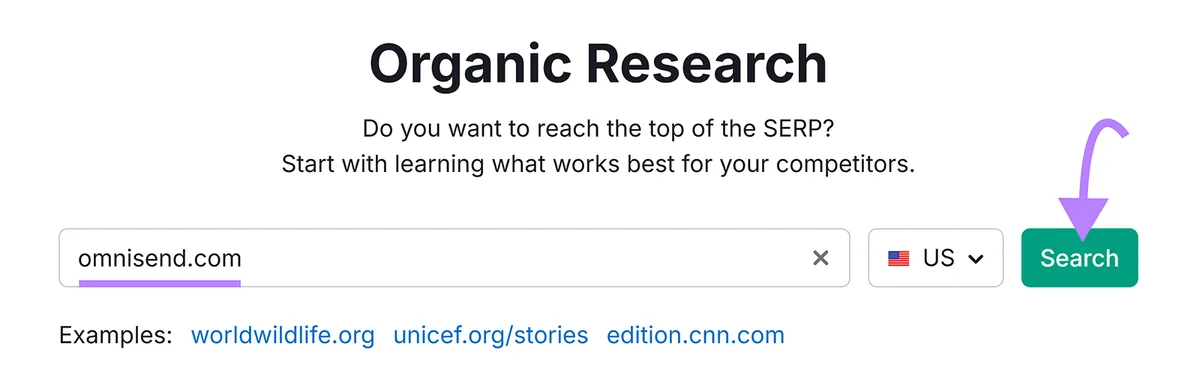 Organic Rankings 工具已输入 omnisend.com,箭头指向 Search