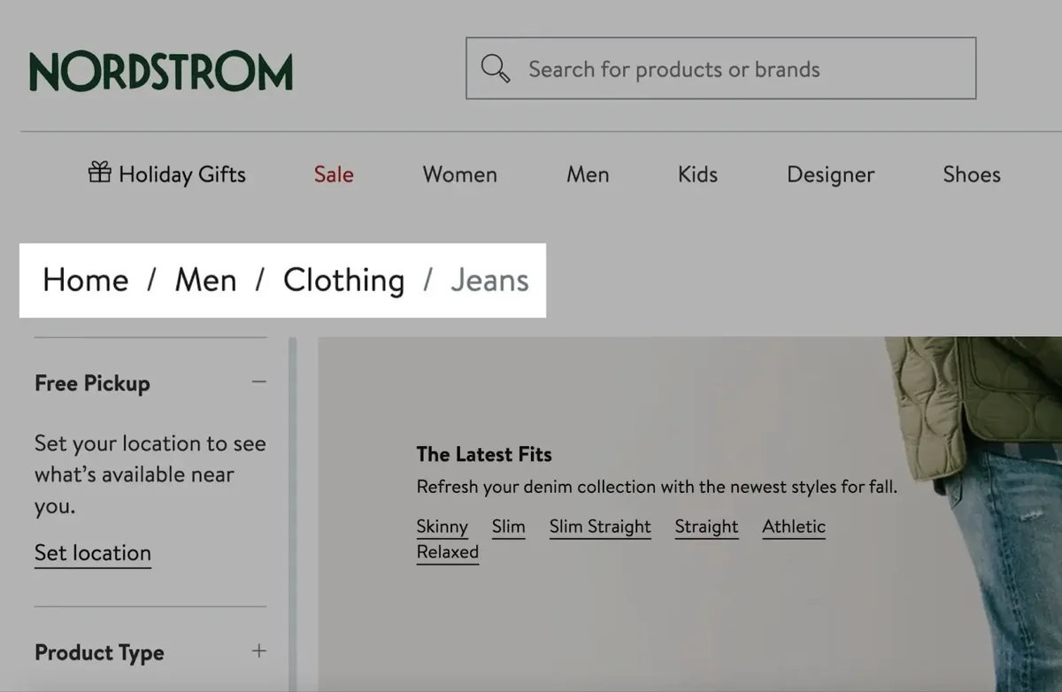 Nordstrom 网站页面,突出显示站点面包屑导航