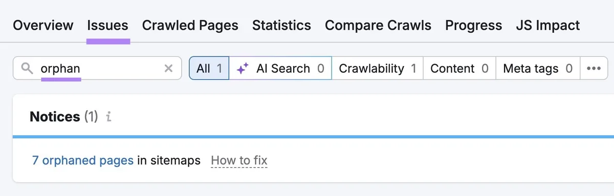 Site Audit 上的“Issues”标签页,输入“orphan”,显示相关问题列表。