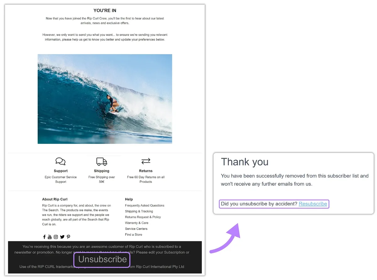 Rip Curl 的邮件，底部突出显示“Unsubscribe”按钮