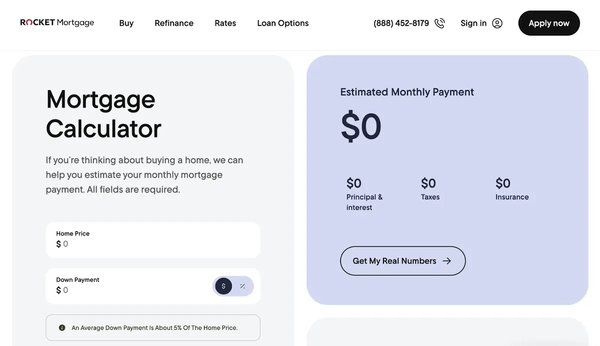 Rocket Mortgage 贷款计算器。