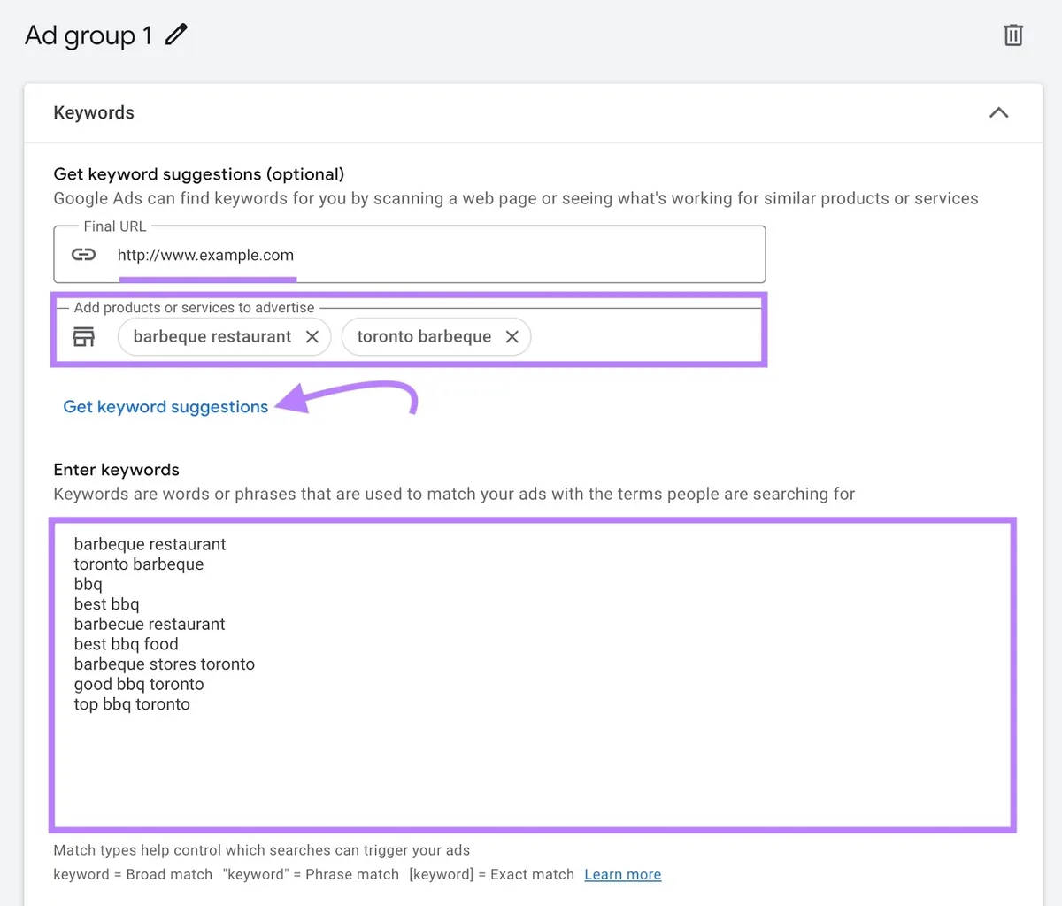 广告组设置页面,已输入 URL、选择要推广的服务,点击“Get keyword suggestions”后下方显示建议列表。