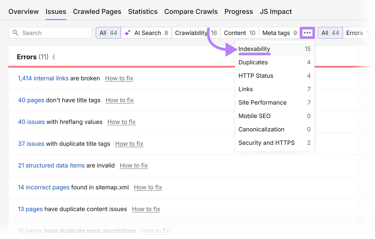 Semrush Site Audit 的 Issues 报告，问题类别菜单已打开并突出显示 Indexability
