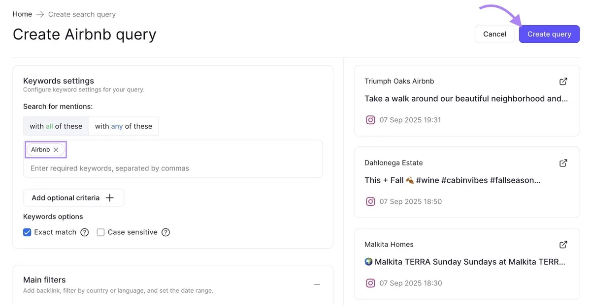 Brand Monitoring 设置页面,已选择来源和设置并点击“Create query”按钮。