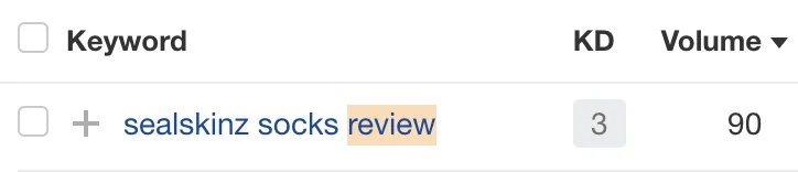 通过 Ahrefs Keywords Explorer 查看“sealskinz socks review”的关键词难度和搜索量详情