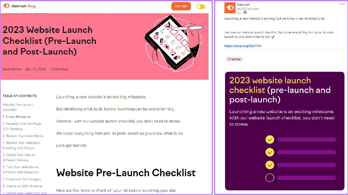 Semrush 的博客文章,关于上线网站(左)和 LinkedIn 帖子(右)