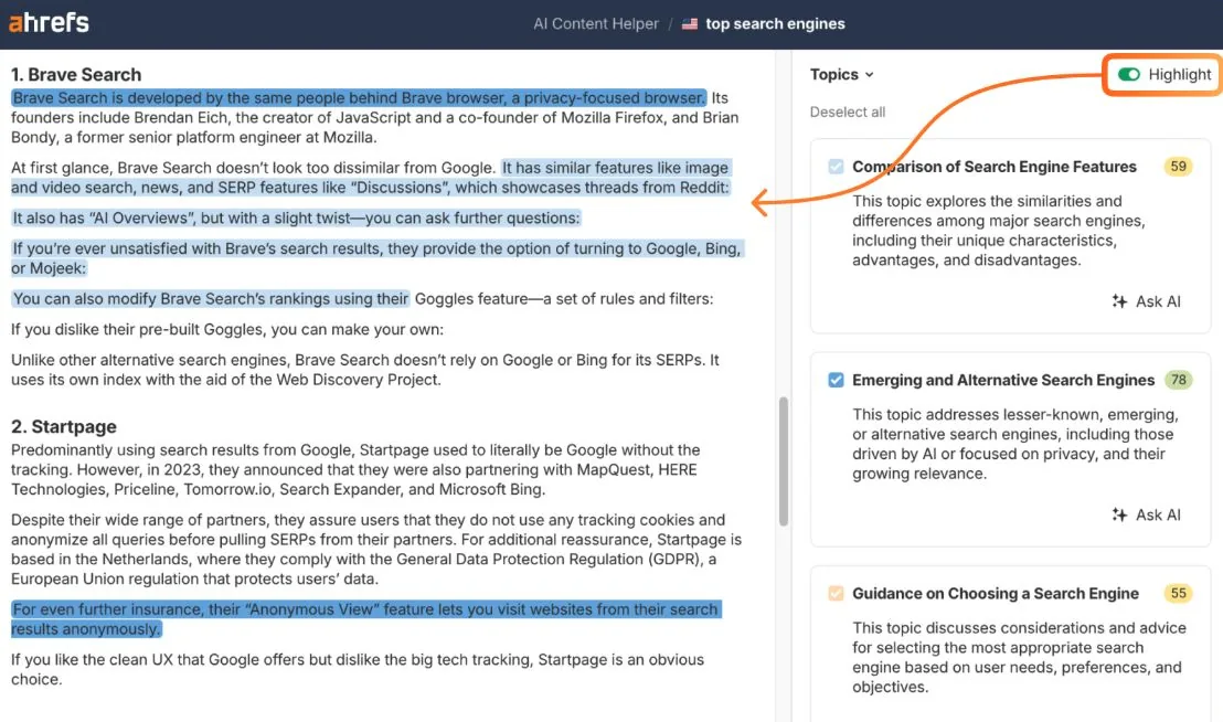 Ahrefs AI Content Helper 高亮关键句子并展示 Topics 面板