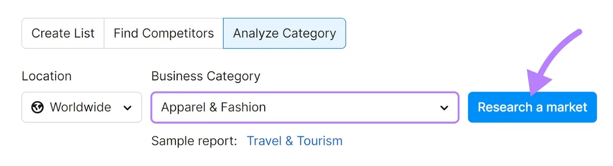选中的“Apparel & Fashion”类别，“Research a market”按钮被突出显示