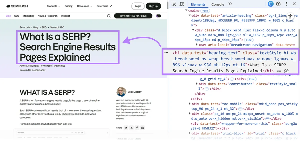 博客页面,H1 标题为“What Is a SERP? Search Engine Results Pages Explained”,并展示 HTML 检查视图。