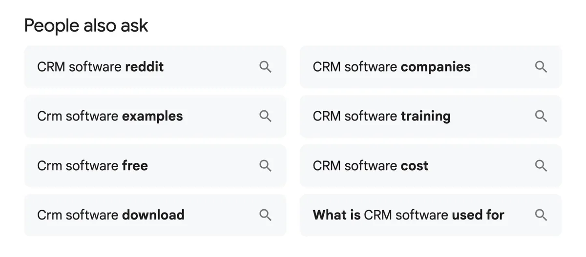 种子词“crm software”的搜索结果页面上的“People also ask”框。