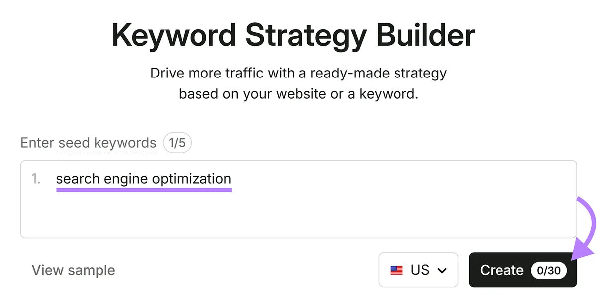 Semrush Keyword Strategy Builder 已输入“search engine optimization”作为种子关键词