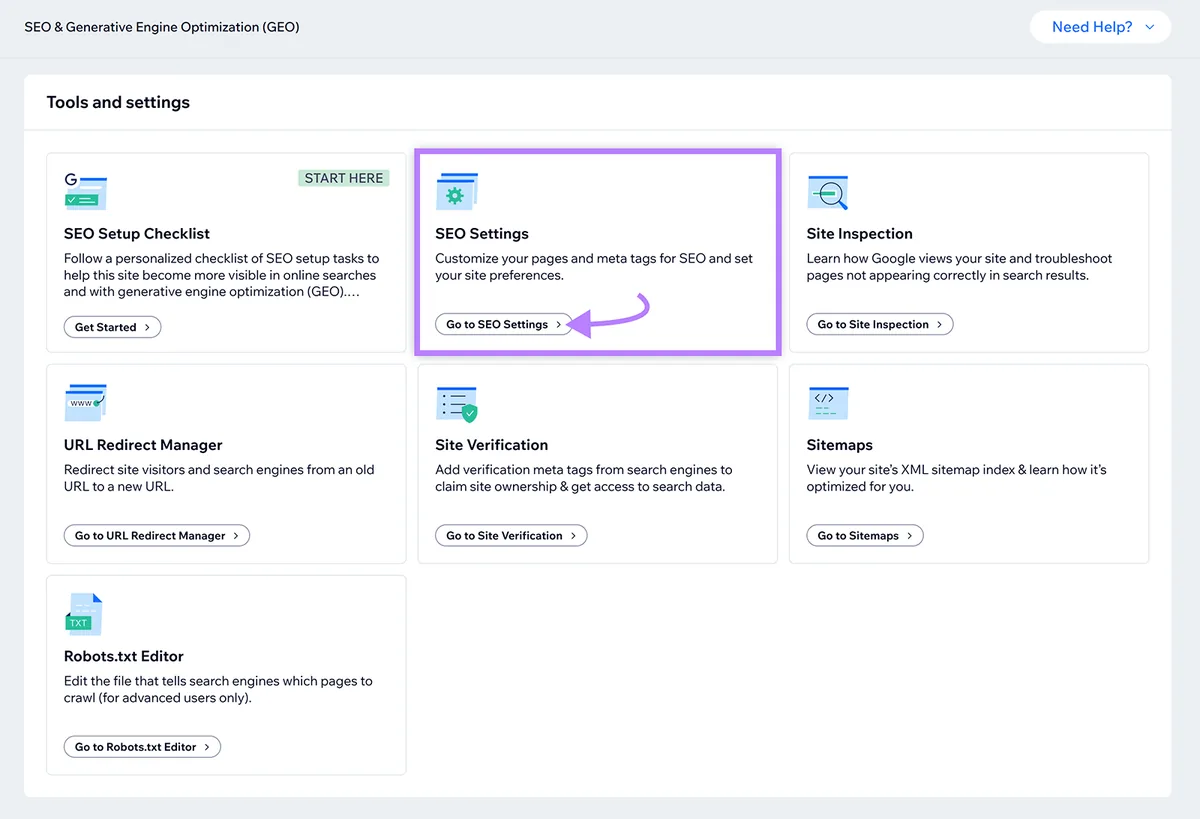 Wix 仪表盘显示 SEO 的“Tools and settings”，并高亮“Go to SEO Settings”按钮