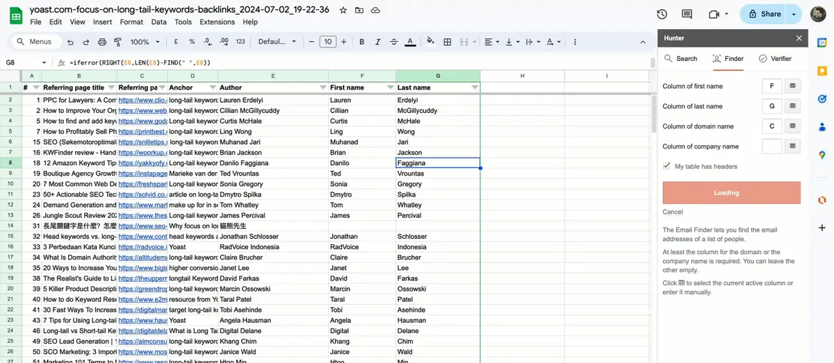 使用 Hunter 的 Sheets 插件自动查找电子邮箱地址