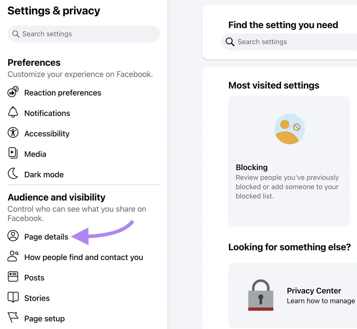 Facebook 上的“Settings & Privacy”窗口,点击左侧的“Page details”。