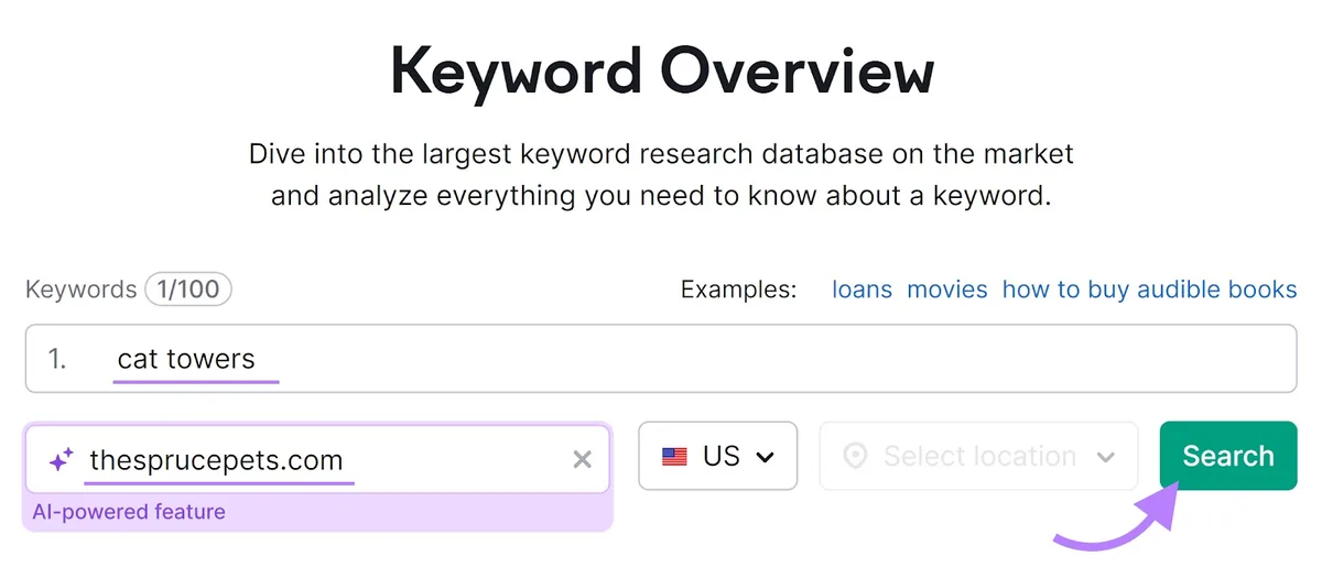 Keyword Overview 工具,关键词字段中为“cat towers”,域名字段中为“thesprucepets.com”。