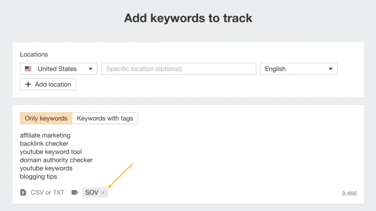 为 Rank Tracker 项目中的关键词添加标签
