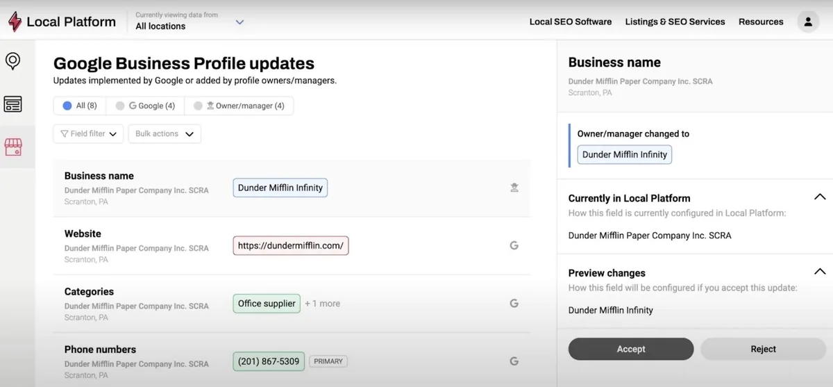 Whitespark 上的“Google Business Profile updates”窗口,显示对某条商家信息所做的所有更新。
