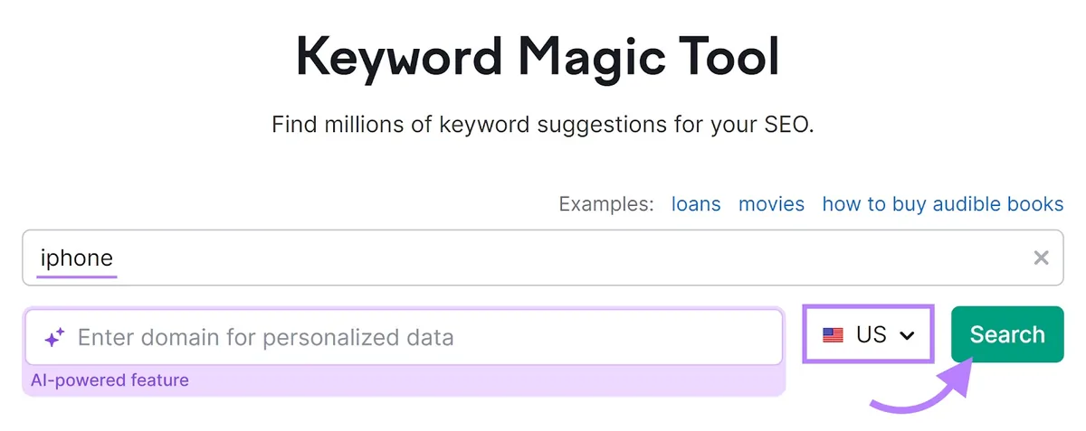 Keyword Magic Tool,文本框中为“iphone”,国家框和“Search”按钮已高亮显示