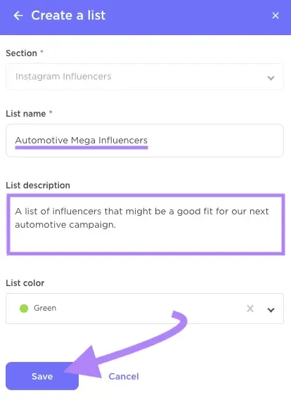 命名为“Automotive Mega Influencers”的达人列表,并添加了描述