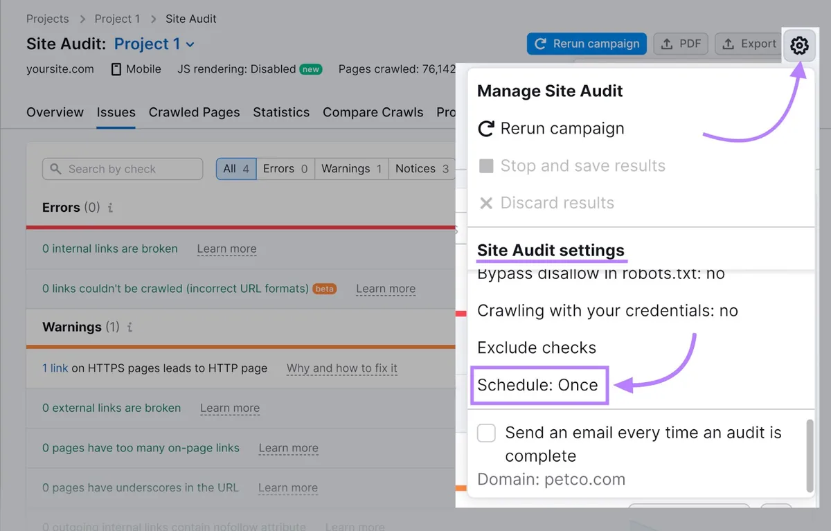“Manage site audit”部分