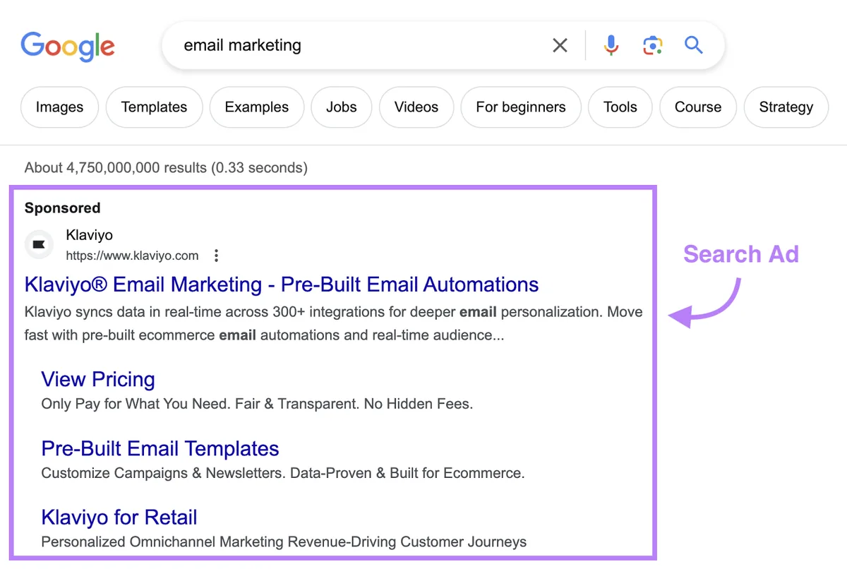 “email marketing”的 Google 搜索广告
