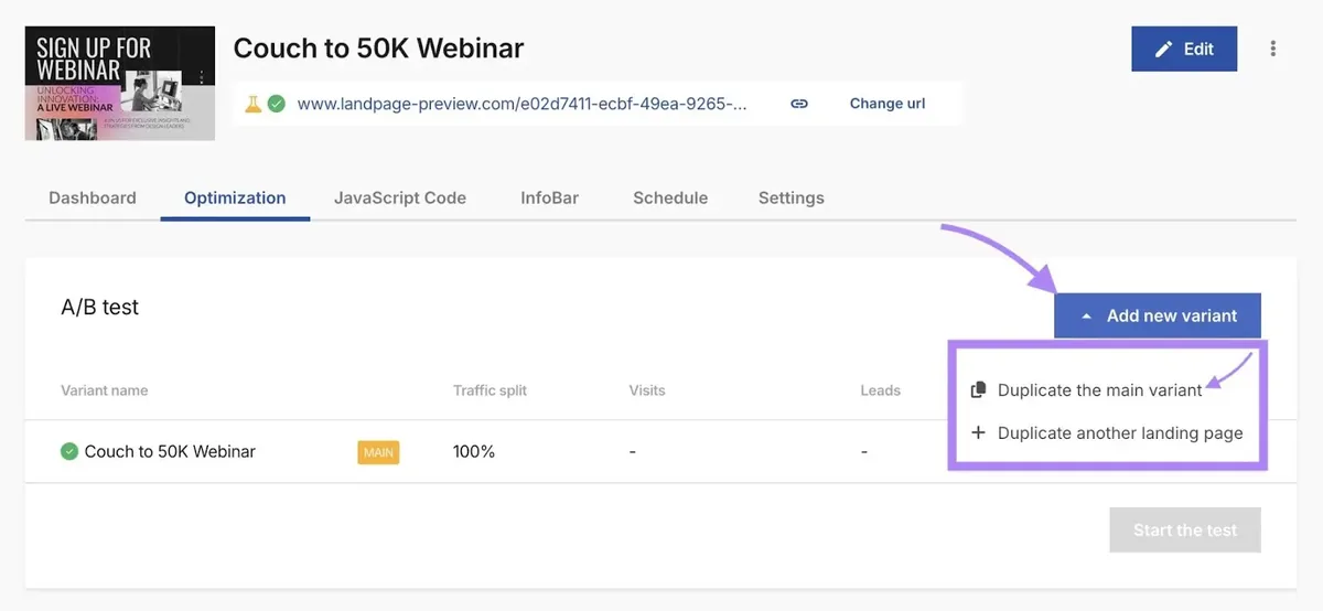 在 Landing Page Builder 应用上创建 A/B 测试,点击“Optimization”标签页上的“Add new variant”。