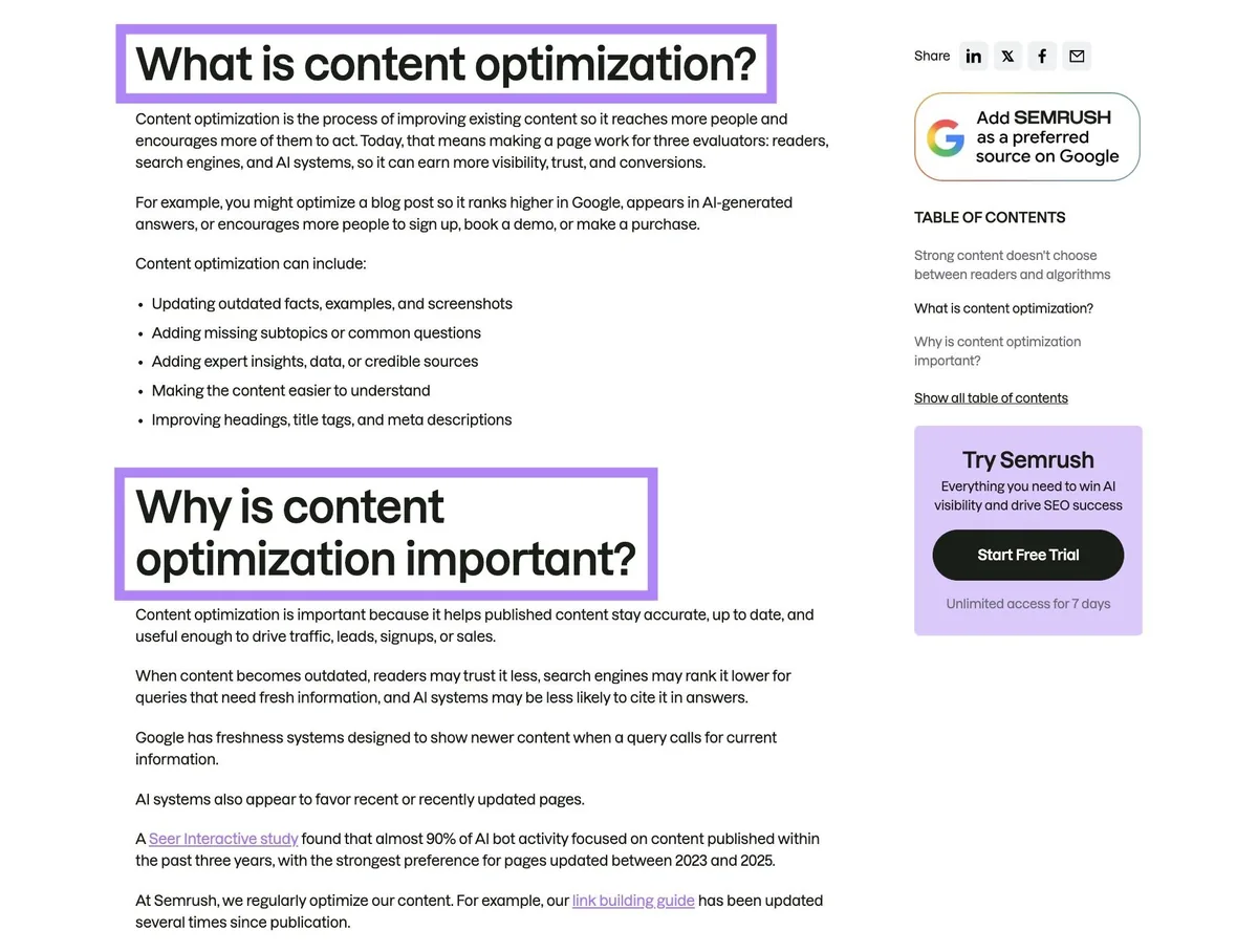 Semrush 的一篇博客文章，使用问题式标题，答案紧随其后。