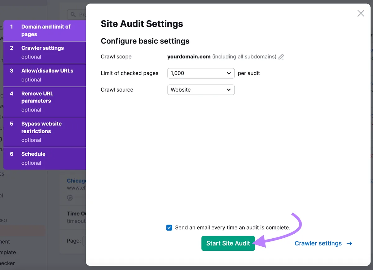 “Site Audit Settings”窗口