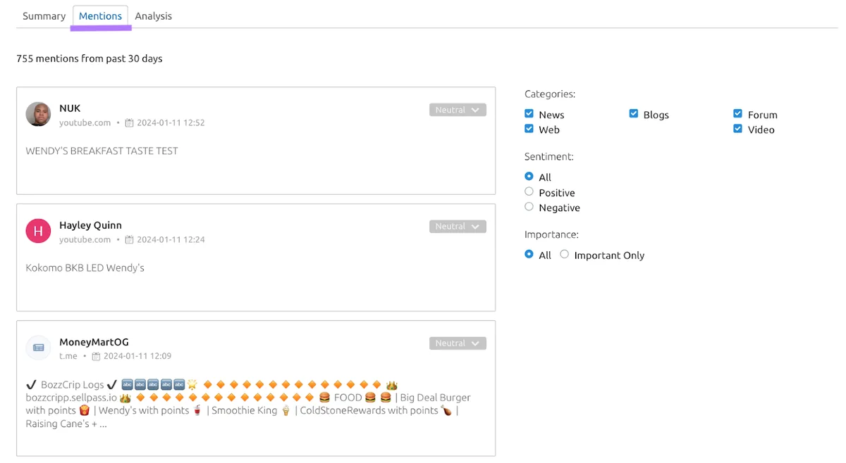 Media Monitoring 应用中的“Mentions”标签页