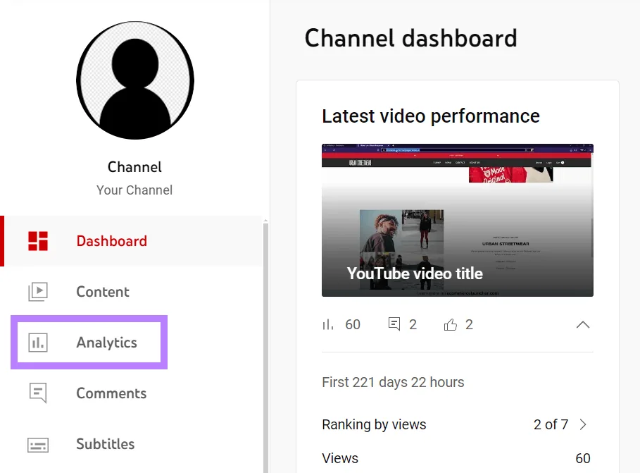 在 YouTube 工作室首页的菜单中选择了“Analytics”