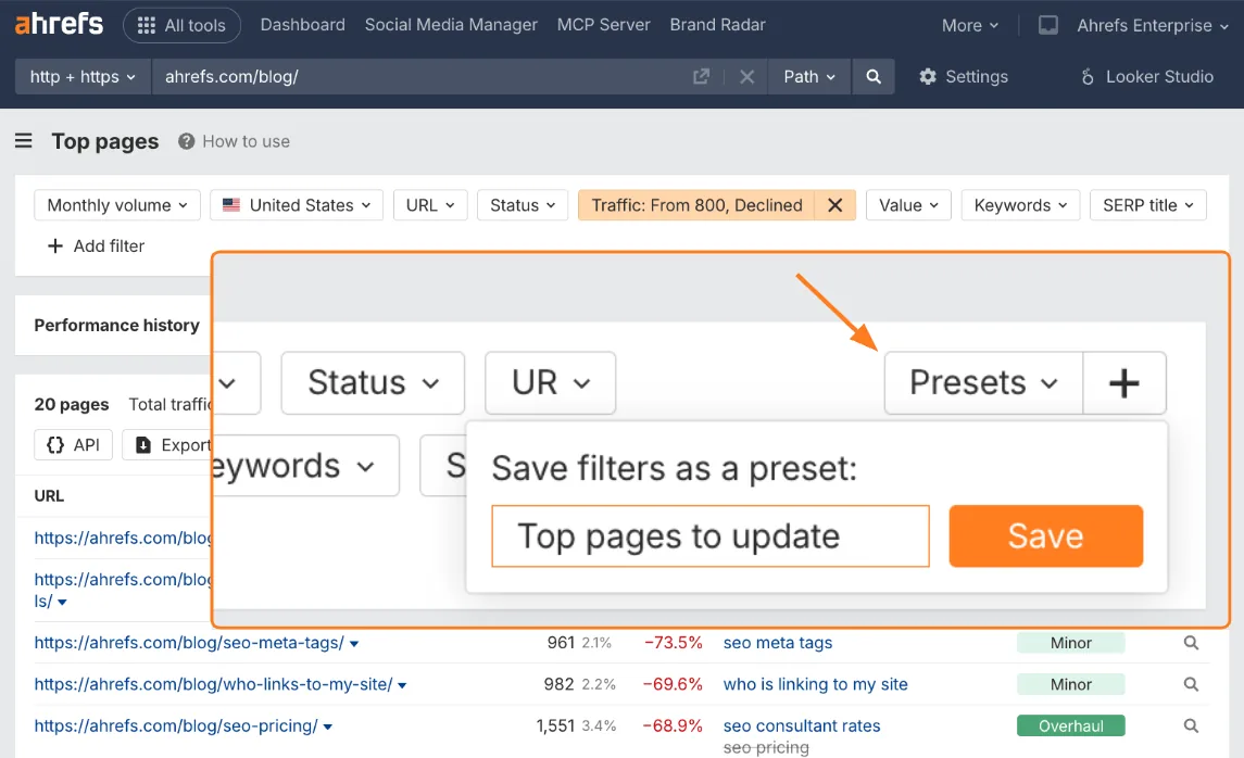 Ahrefs Site Explorer 中高亮 Presets 功能,展示如何把筛选器保存为预设