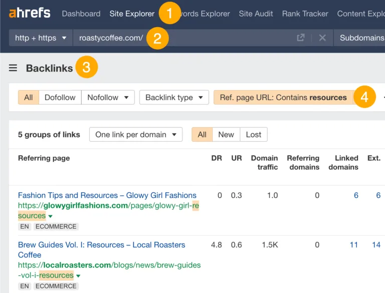 在 Ahrefs 的 Site Explorer 中，于竞争对手的反向链接档案里搜索资源页面