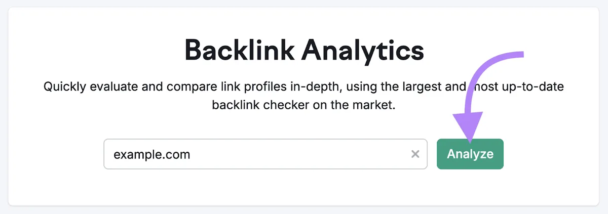 Backlinks 工具，已输入“example.com”，“Analyze”高亮