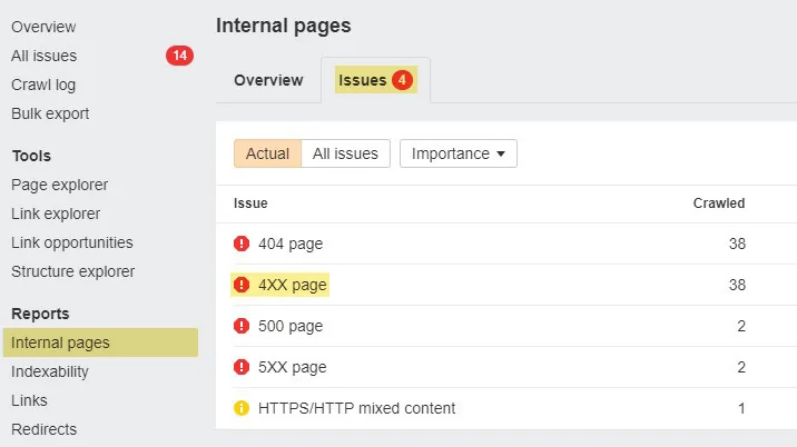通过 Ahrefs Site Audit 发现的 4XX 页面错误