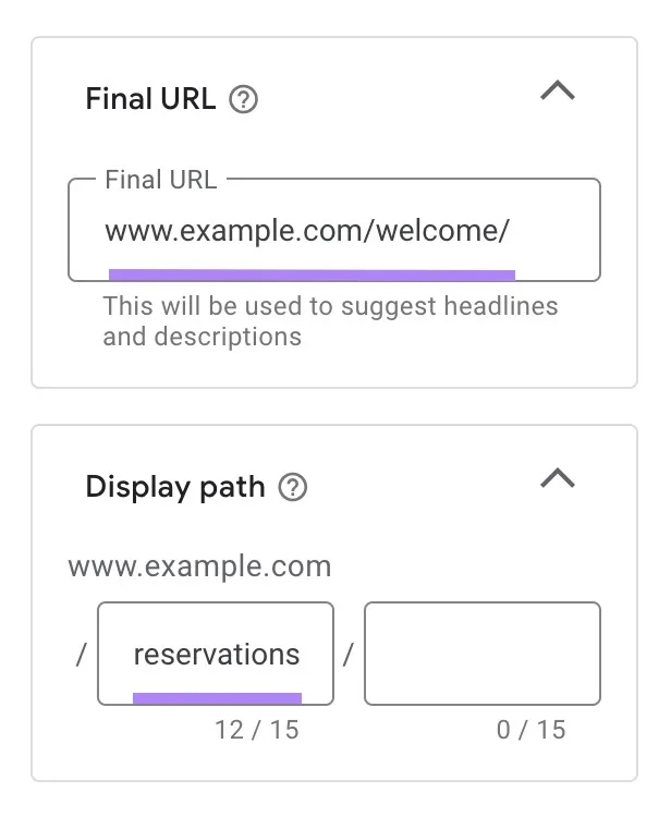 广告板块,用于输入 Google 广告的目标 URL 和显示路径。