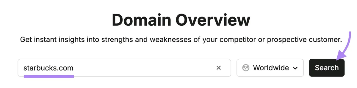 Domain Overview,已输入“starbucks.com”并点击“Search”。