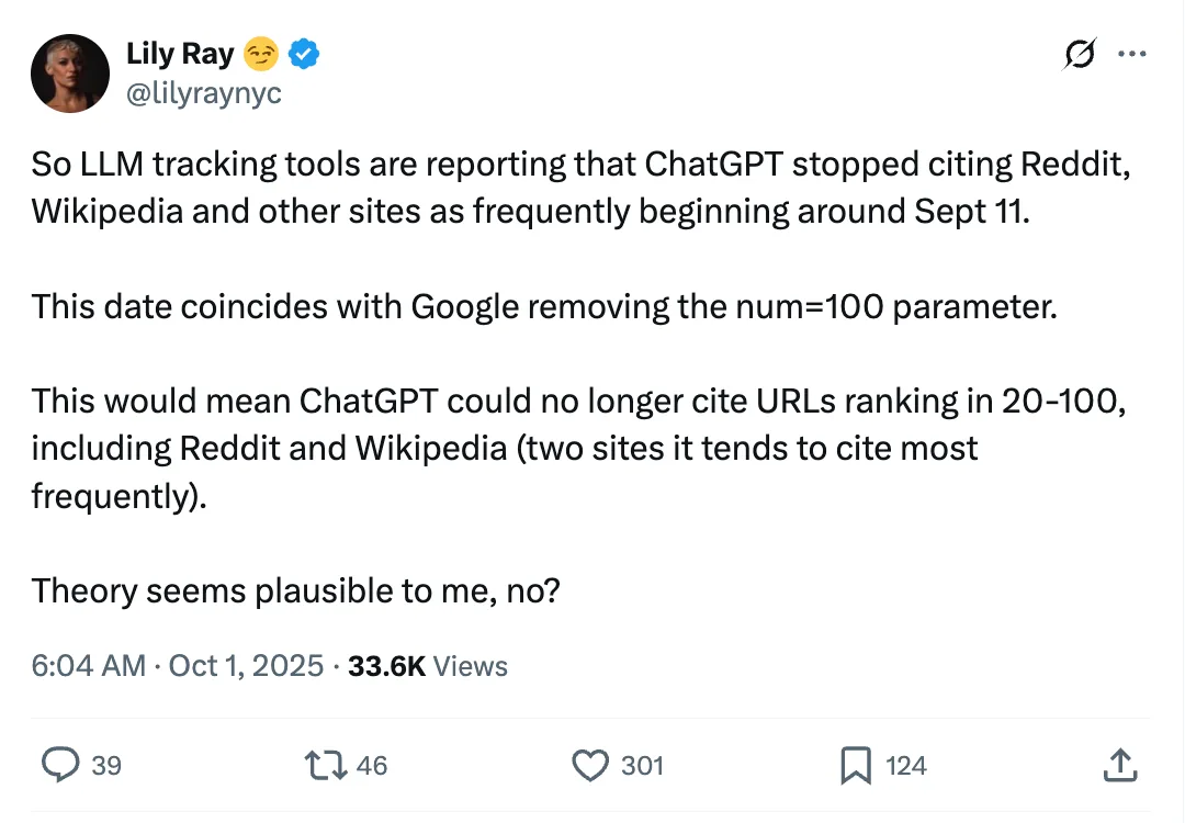 Lily Ray 讨论移除 num=100 参数