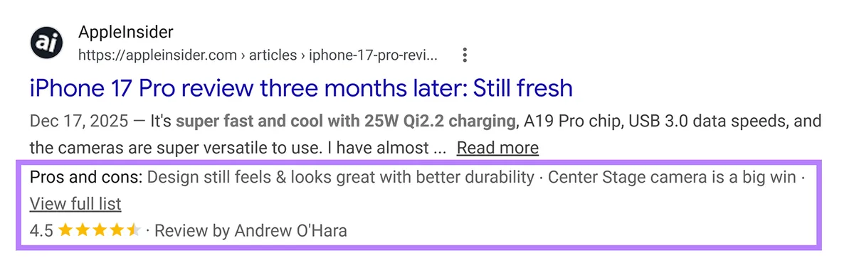 iPhone 17 Pro 评测的 Google 结果,展示优缺点、4.5 星评分和评测者详情