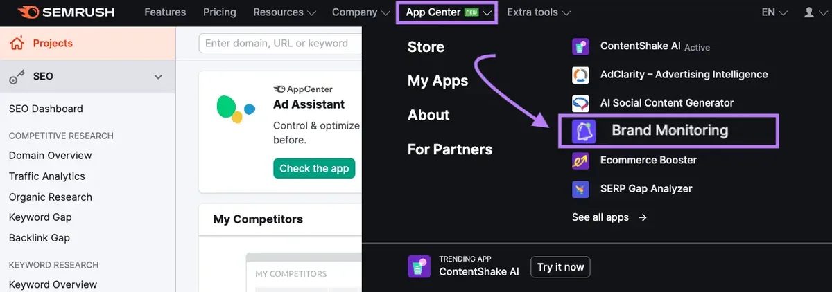 从 Semrush App Center 中选择了“品牌监测”