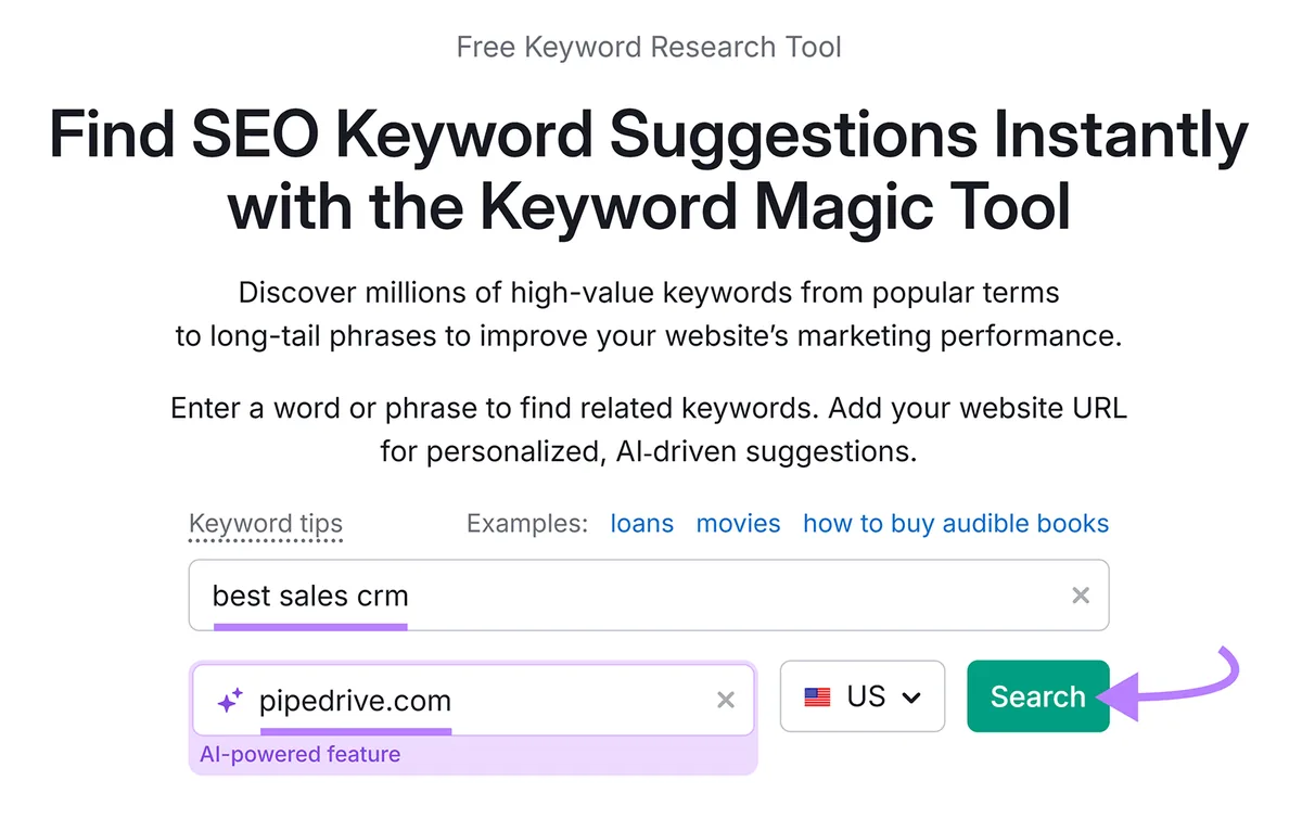 Keyword Magic Tool 起始界面，已输入“best sales crm”和“pipedrive.com”，一个紫色箭头指向 Search 按钮。