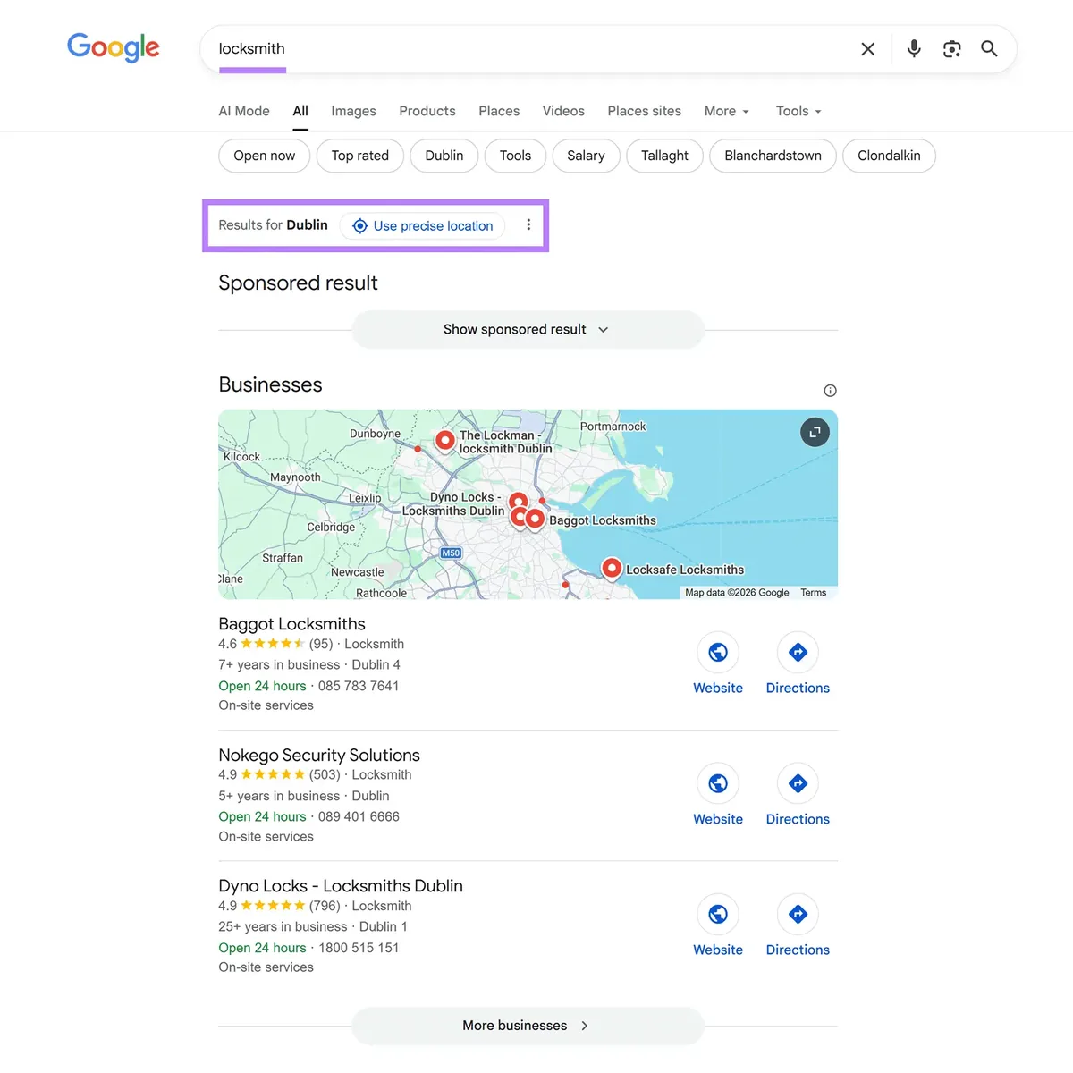 词条“locksmith”的 Google 搜索结果页面，显示搜索者所在地都柏林的结果。