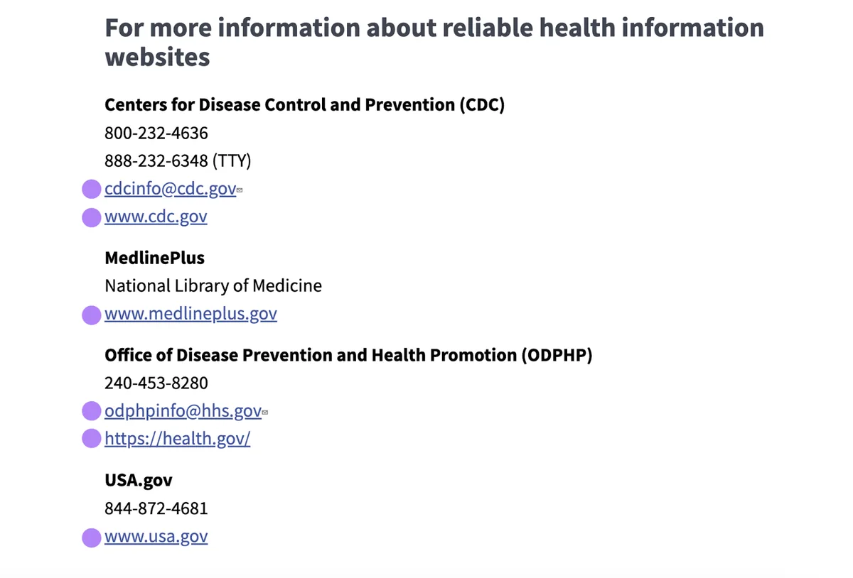 裸链接以完整 URL 形式出现,如 www.medlineplus.gov 和 www.cdc.gov