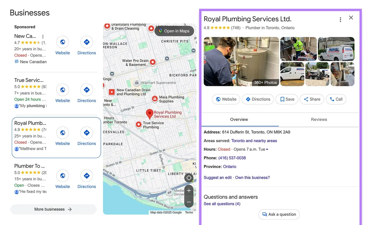 Google 商家信息,右侧 Royal Plumbing 的资料已高亮显示。
