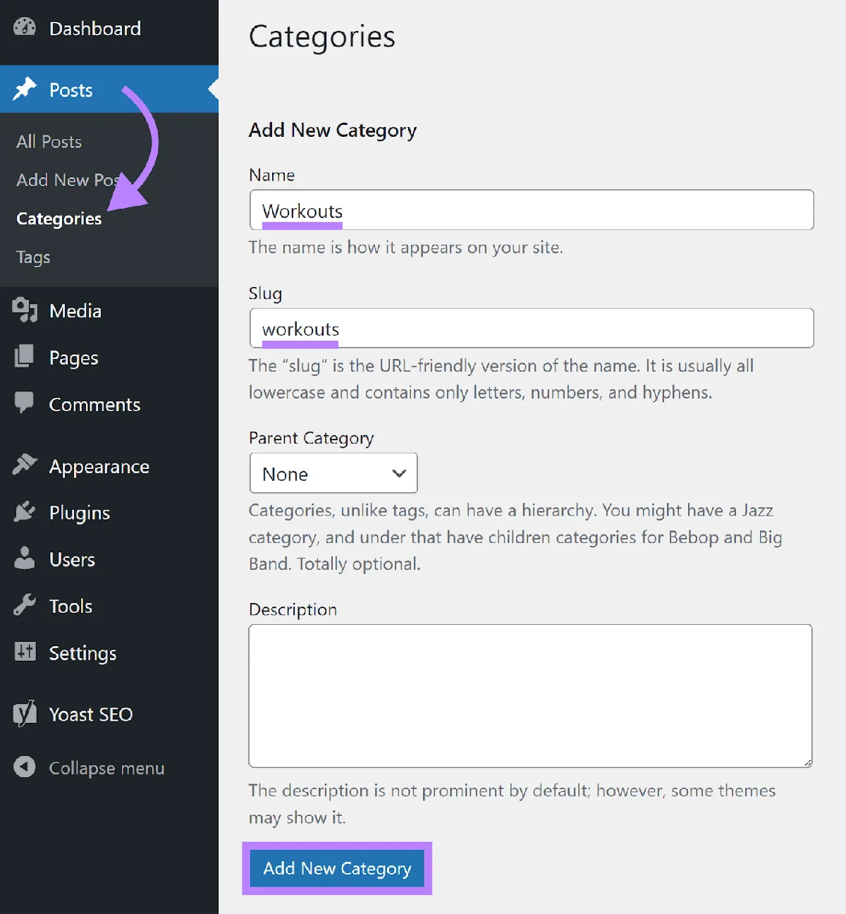 WordPress 中的新建分类界面,箭头从侧边栏菜单的 Posts 指向 Categories