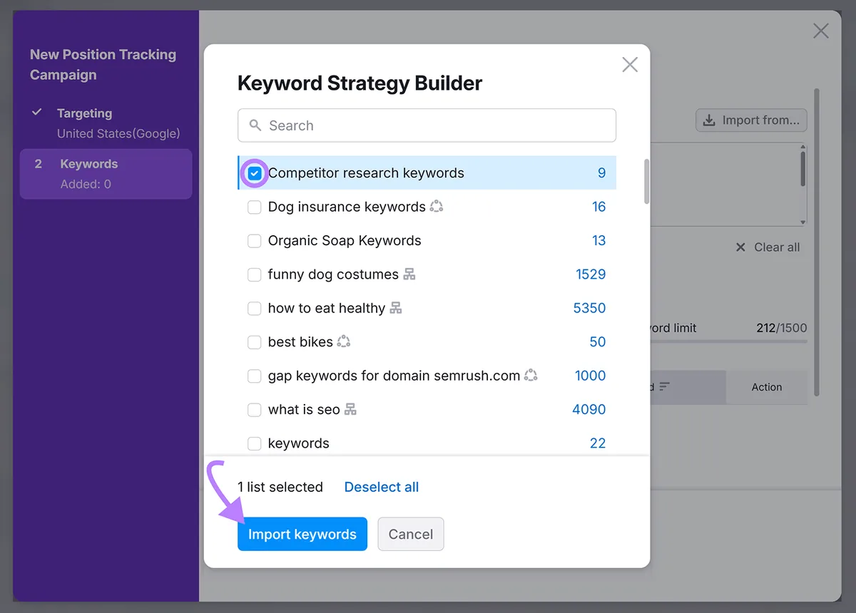 Keyword Strategy Builder 弹窗,已选中一个列表,箭头指向“Import keywords”按钮