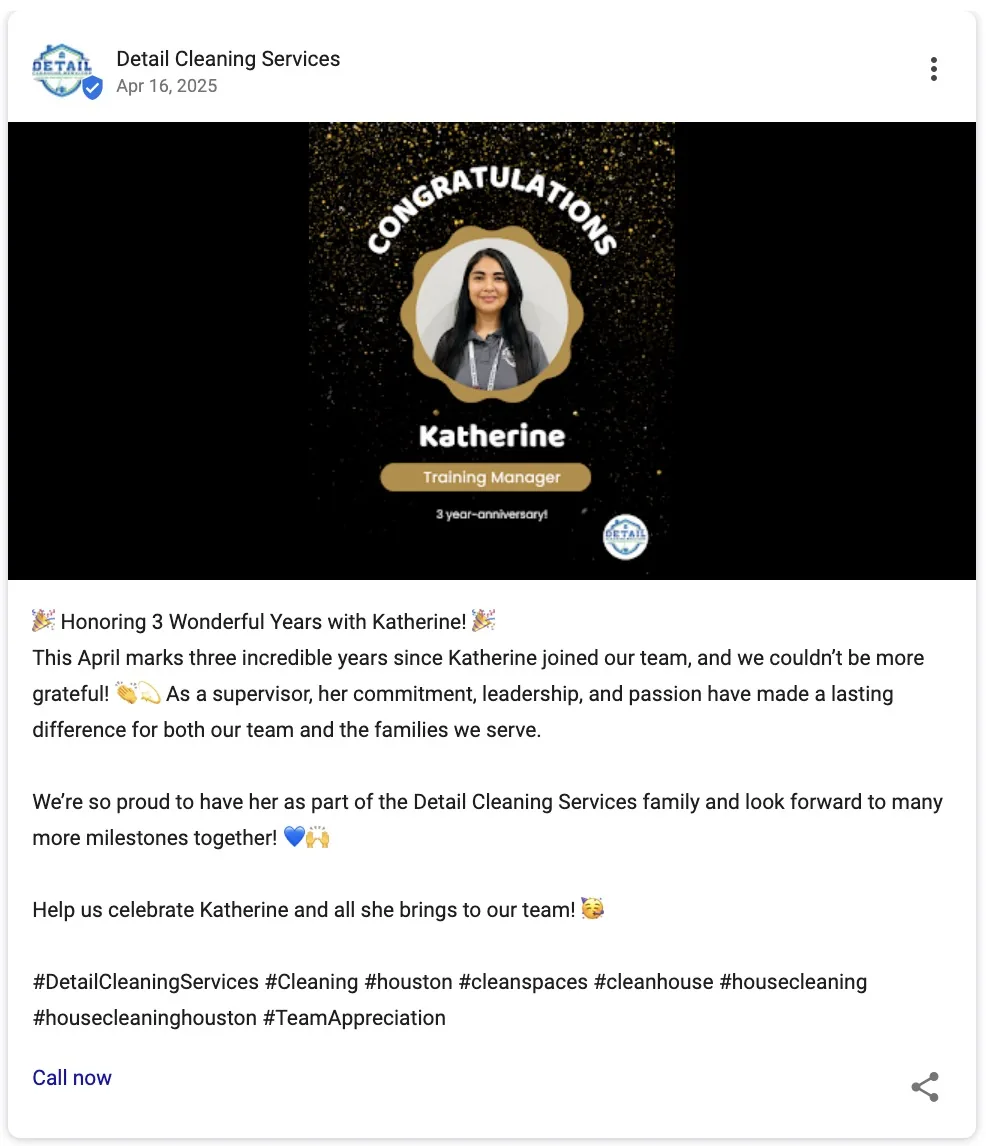 一家清洁服务公司在 Google Business Profile 上发布的帖子，庆祝一名员工入职公司三周年。