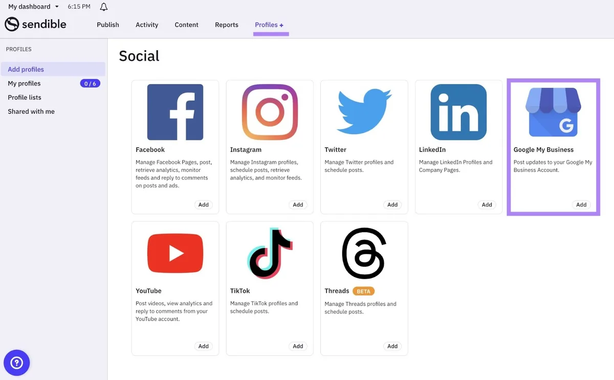 Sendible 上的“Add profiles”标签页,选中了“Google My Business”。